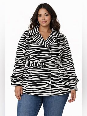 Outerwear by Lisa Zebra Print Belted Trench Jacket Black White L